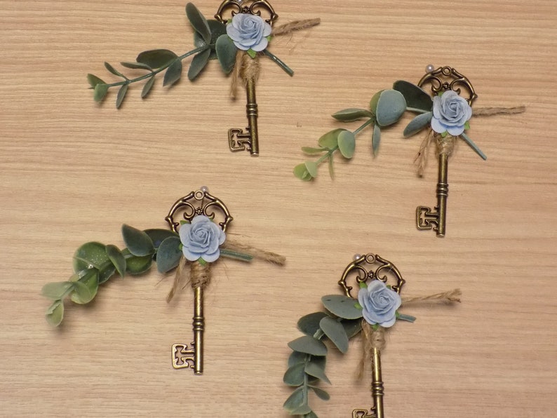 Skeleton Key Wedding Boutonniere Antique Victorian Style Wedding Accessories Eucalyptus and Rose Boutonniere Lapel Pins Groomsmen Gift image 4