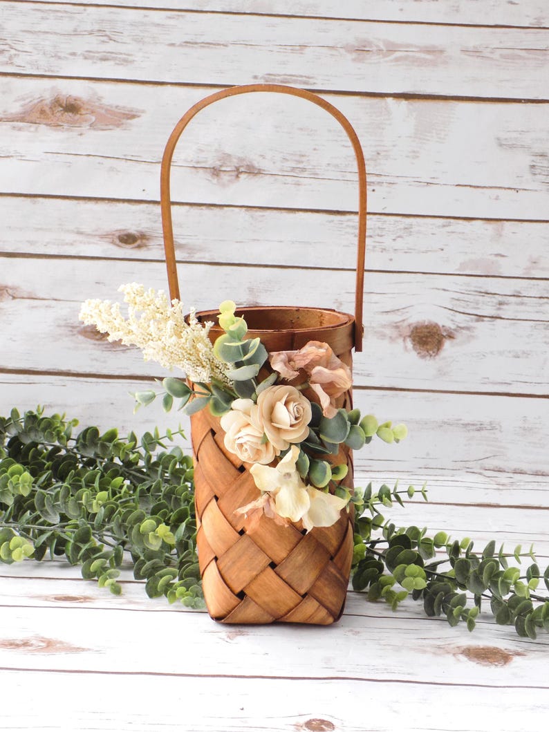 Boho Floral Flower Girl Basket Tall Skinny Brown Woven Wicker Basket