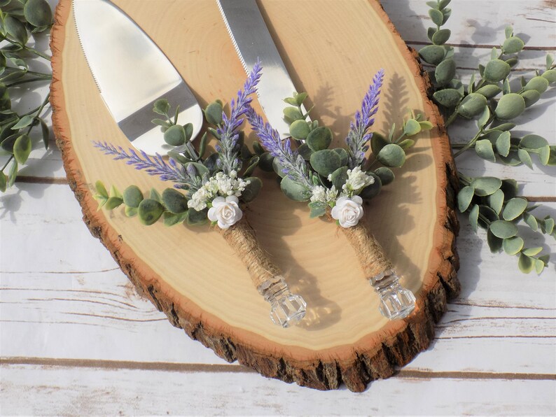 Lavender and Eucalyptus Wedding Cake Serving Set with Baby's Breath and Roses Spring Wedding Decor Floral Greenery Cake Knife and Server image 2