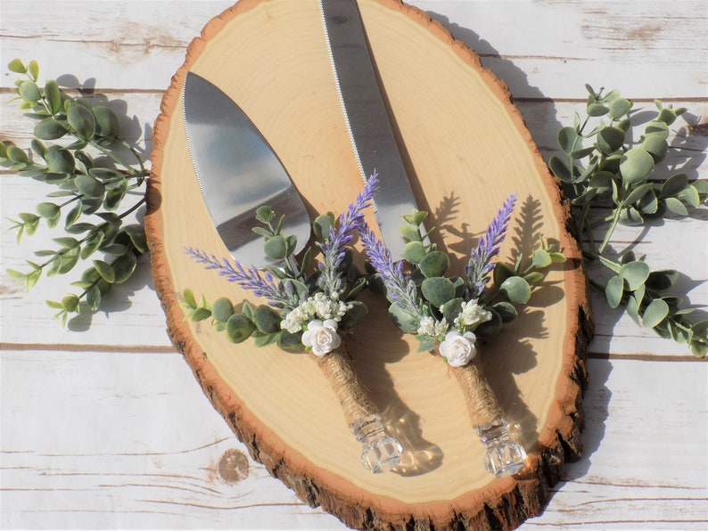 Lavender and Eucalyptus Wedding Cake Serving Set with Baby's Breath and Roses Spring Wedding Decor Floral Greenery Cake Knife and Server image 1