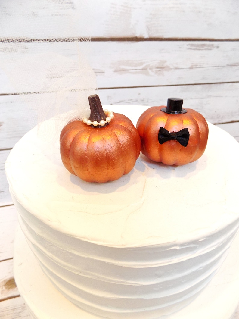 Fall Wedding Pumpkin Cake Topper Bride & Groom Pumpkins Miniature Pumpkin Wedding Cake Topper Autumn Wedding Decor Copper Pumpkins image 2