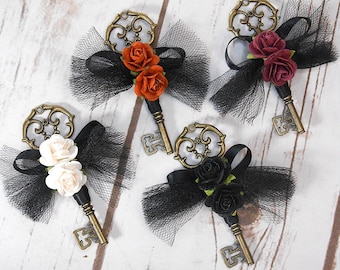 Skeleton Key Boutonniere (1 PC) | Victorian Gothic Wedding Accessories | You Choose Your Color!