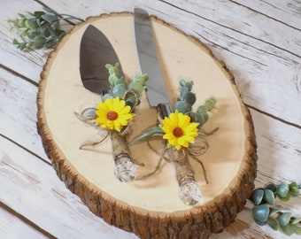 Sunflower Wedding Cake Serving Set | Rustic Twine Wrapped Cake Cutting Set | Eucalyptus Cake Knife | Wedding Decor