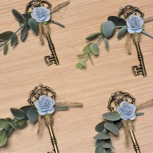 Skeleton Key Wedding Boutonniere Antique Victorian Style Wedding Accessories Eucalyptus and Rose Boutonniere Lapel Pins Groomsmen Gift image 2