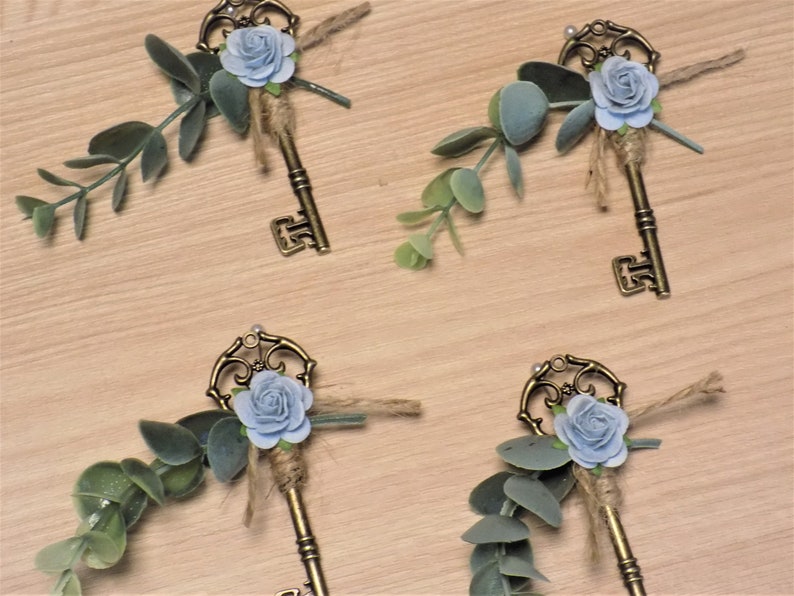 Skeleton Key Wedding Boutonniere Antique Victorian Style Wedding Accessories Eucalyptus and Rose Boutonniere Lapel Pins Groomsmen Gift image 2