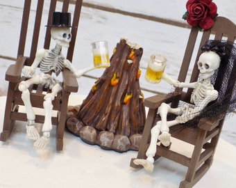 Halloween Campfire Skeleton Wedding Cake Topper | Bride & Groom Skeletons | Gothic Wedding Cake Topper | Funny Grooms Cake Decor | Beer