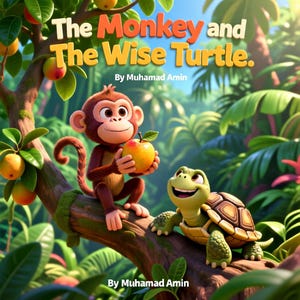 Op de afbeelding: Een kleurrijke illustratie uit een kinderboek getiteld "The Monkey and The Wise Turtle" door Muhamad Amin. Een cartoon aap houdt een appel vast, terwijl een lachende schildpad in de buurt op een tak zit, omringd door weelderig groen.