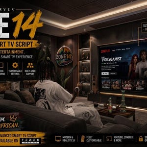 May include: A digital advertisement for the Zone 14 FiveM server advanced smart TV script. The graphic features a large wall-mounted television displaying a streaming interface, surrounded by text detailing features like 4K HDR, Dolby Atmos, and modular console design, with the South African flag and branding.