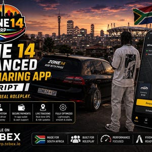 May include: A digital advertisement for the Zone 14 Advanced Ride Sharing App script featuring a black car, a person, and a smartphone displaying a ride-hailing interface with a map, vehicle options, and the text Zone 14, Smart Rides, Real Roleplay.
