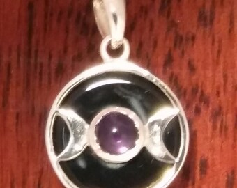 Triple moon, ok, Goddess, Pendant, Amethyst and, Black Onyx, Wicca, pentacle, pentagram, While Supplies Last, SALE.