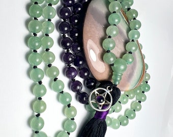 Handcrafted Amethyst & Aventurine Mala: Sterling Silver Pentacle Prayer Beads
