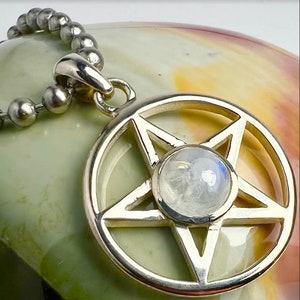 PENTACLE sterling silver and Rainbow Moonstone, Stainless Steel Chain, Pagan Necklace, pentagram jewelry Magickal Pentagram, Wicca Jewelry