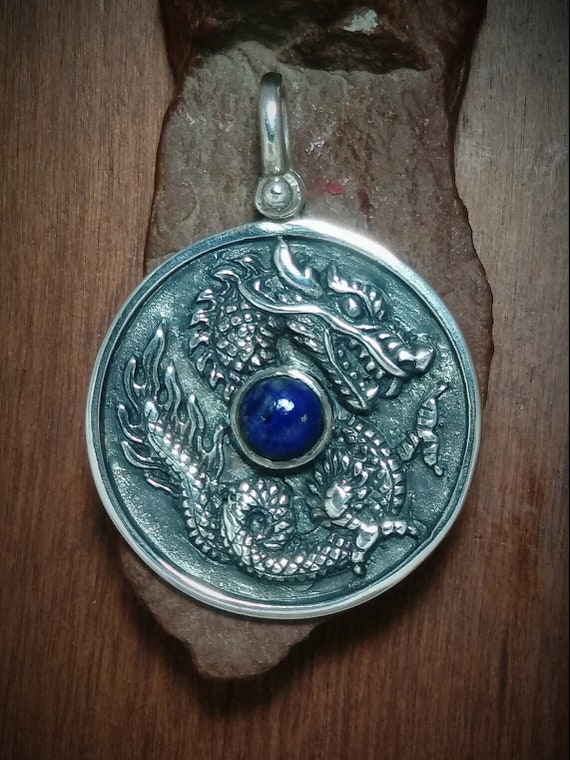 DRAGON, xZ, LAPIS Pendant, Sterling Silver, Fantas