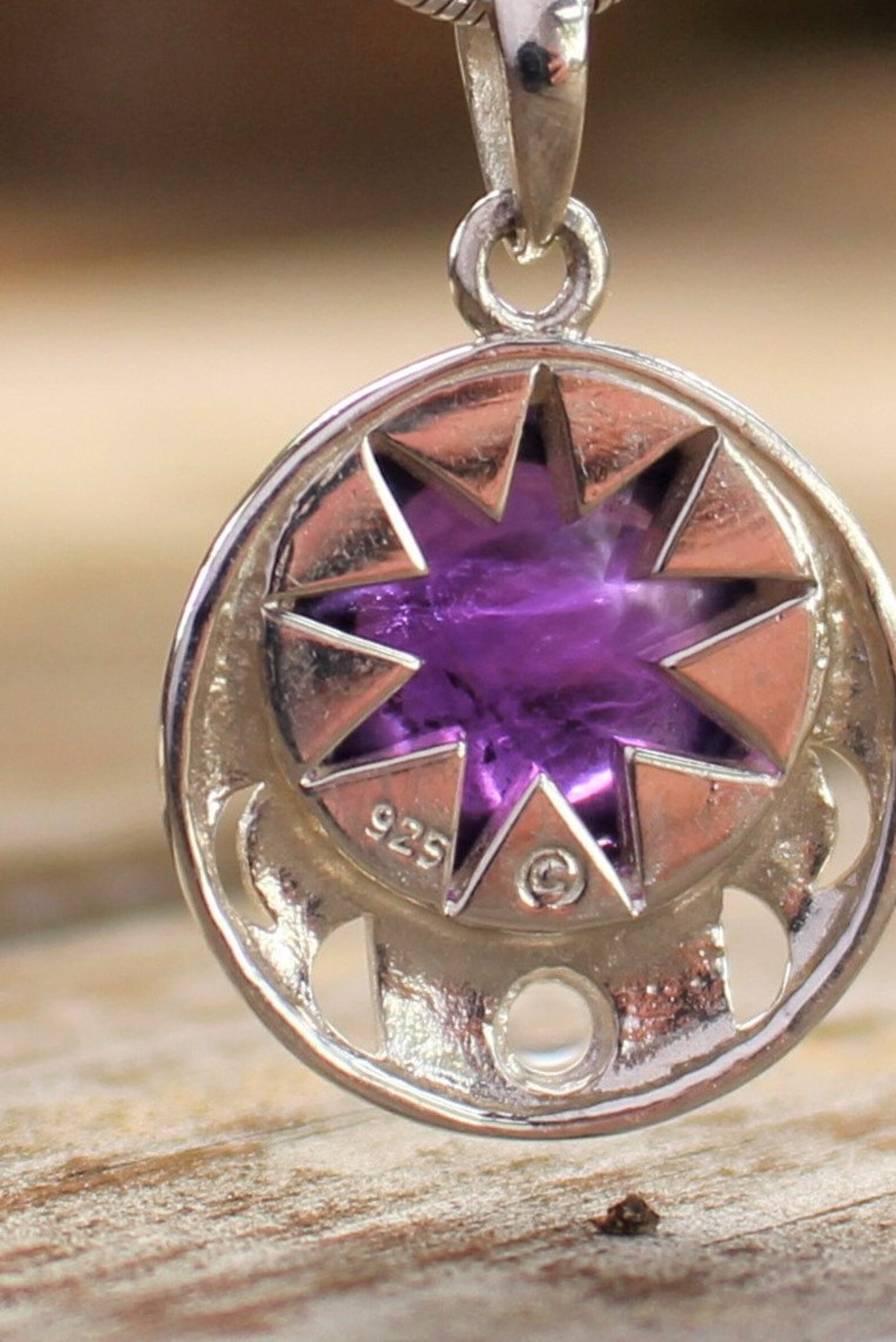 Sterling Silver Moon & Pentacle Pendant Necklace With Natural Amethyst Stone - View #7