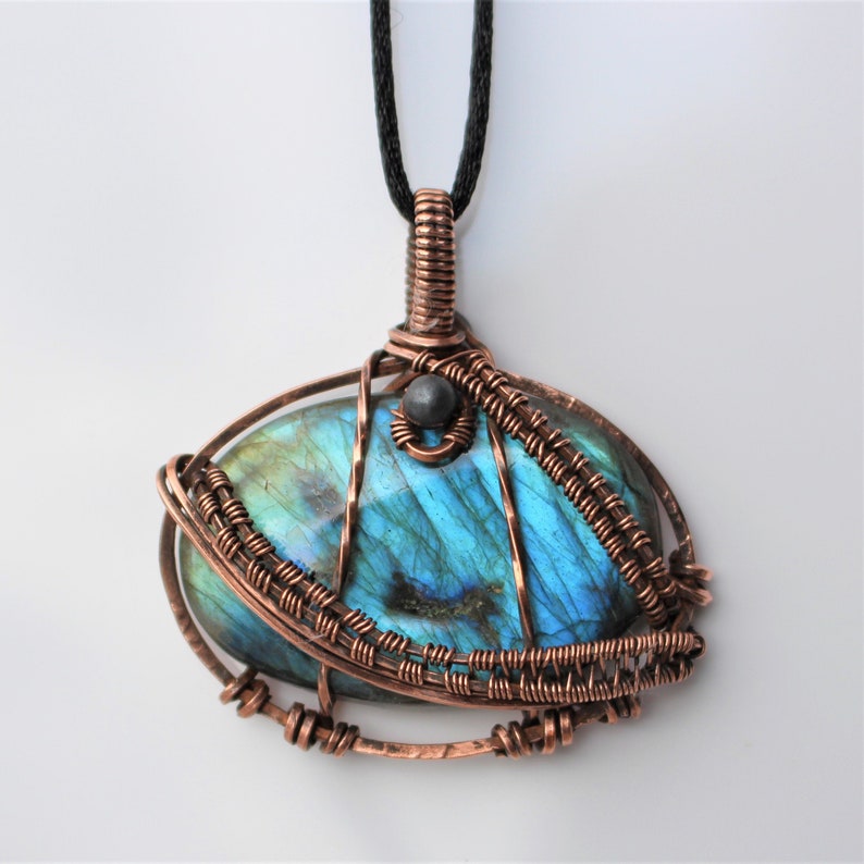 LABRADORITE, Bright Blue, 196, Hematite Bead, Pendant Wire wrapped with Copper on adjustable black cord necklace. MODEL. BPJ196 image 2