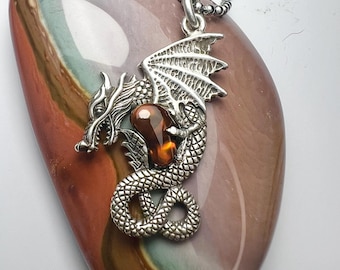 Fire Agate Dragon Pendant: Hand Carved Sterling Silver Jewelry