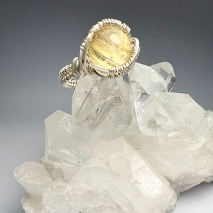 Handmade Rutilated Quartz Ring: Sterling Silver Wire Wrapped Jewelry, Size 9
