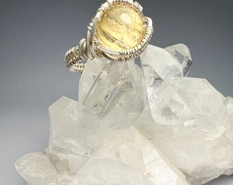 RUTILATED QUARTZ Ring, Sterling Silver Wire Wrap Ring, handmade jewelry, handmade ring Size 9.