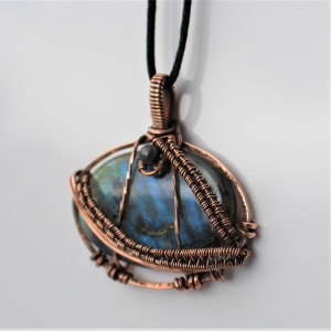 LABRADORITE, Bright Blue, 196, Hematite Bead, Pendant Wire wrapped with Copper on adjustable black cord necklace. MODEL. BPJ196 image 7