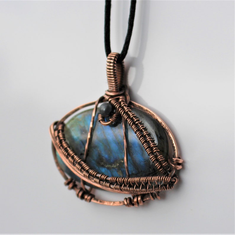 LABRADORITE, Bright Blue, 196, Hematite Bead, Pendant Wire wrapped with Copper on adjustable black cord necklace. MODEL. BPJ196 image 7