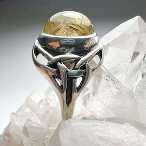 Celtic Sterling Silver Rutilated Quartz Ring - Triquetra Series, Size 7