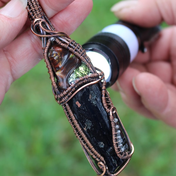 FIRE agate necklace, MOLDAVITE pendant ,black TOURMALINE pendant, Moonstone beads, wire wrapped jewelry, Copper, Hand Made .BPj#427./jds/