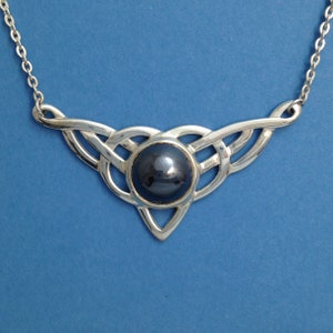 Celtic Necklace Sterling Silver and Hematite stone jewelry 14mm Hematite stone, Triquetra necklace, Celtic Knot Infinity Pendant