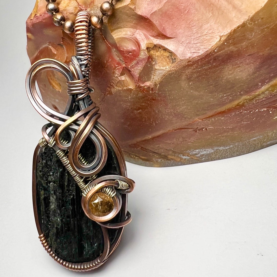 Copper Topaz Black Tourmaline & Topaz Pendant: Copper Sterling Silver Wire Wrapped ...