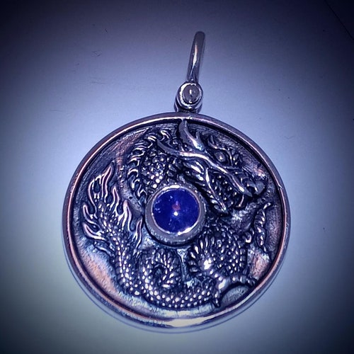DRAGON, xZ, TANZANITE Disk Pendant, Sterling Silver, Fantasy, Stainless Steel shops Chain Included, Hand Carved, Model #P.Drag.Disc,Tanzinite.