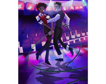 Human Vox y Alastor bailando en el escenario (impresión / Hazbin Hotel Radiostatic)