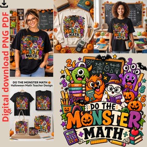 May include: A black t-shirt featuring a colourful graphic of cartoon monsters, pumpkins, and school supplies with the text 'DO THE MONSTER MATH'. The design includes a chalkboard, a calculator, books, and pencils in a vibrant Halloween theme.