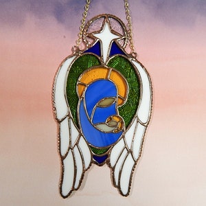 Stained Glass Decor, Nativity Suncatcher, Glass Nativity, Christmas Sun Catcher, Handmade Gift, Angel, Christmas Decor, Nativity Ornament