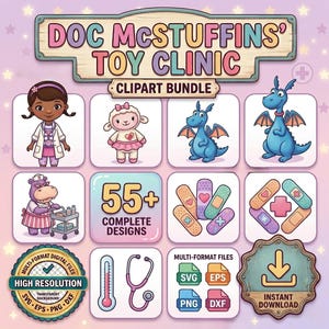 May include: A digital clipart bundle featuring characters and medical-themed elements from "Doc McStuffins' Toy Clinic." Includes illustrations of Doc, a lamb, dragons, bandages, and medical tools. The bundle offers over 55 designs in various file formats.
