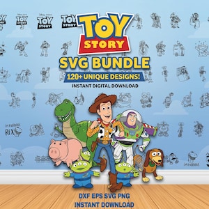 Può includere: Una collezione digitale di file SVG di Toy Story con oltre 120 design di personaggi unici. La grafica mostra il logo di Toy Story, il testo SVG BUNDLE 120+ UNIQUE DESIGNS e illustrazioni colorate di Woody, Buzz Lightyear, Rex, Hamm, Slinky Dog e gli alieni.