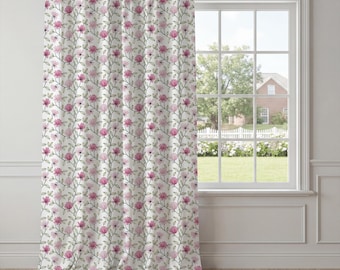 Pink Rose Floral Curtains – Sage Green Leafy Vine Window Drapes, Romantic Cottagecore Bedroom Window Panels, Shabby Chic Farmhouse Decor