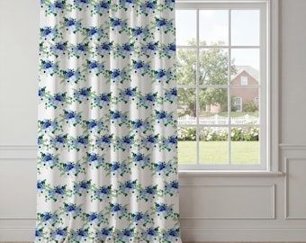 Cobalt Blue Floral Curtains – Watercolor Hydrangea Bouquet Window Drapes, Grandmillennial Cottagecore Decor for Bedroom Living Room