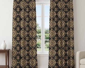 Black Gold Damask Curtains – Luxury Ornate Window Panels, Vintage Medallion Drapes, Elegant Statement Curtains for Living Room Bedroom Decor