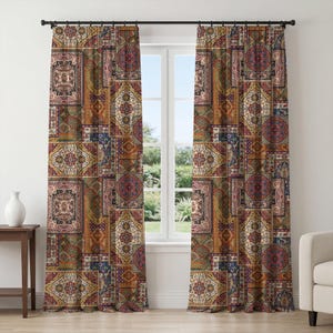 May include: Two floor-length window curtains featuring a repeating patchwork design of intricate, multi-colored patterns in shades of deep red, gold, blue, and cream. The fabric displays a dense, ornate arrangement of geometric and floral motifs.