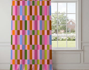 Colorful Stripe Curtains – Retro Geometric Window Panels, Bold Pink Orange Drapes, Playful Modern Curtains for Eclectic Room Decor