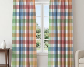 Pastel Plaid Curtains – Watercolor Checkered Window Panels, Soft Rainbow Drapes, Cottagecore Colorful Curtains for Bedroom Living Room Decor