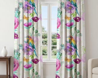 Colorful Bird Floral Curtains – Watercolor Botanical Window Panels, Nature Drapes, Bright Garden Curtains for Living Room Bedroom Decor