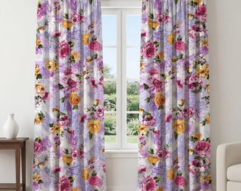 Purple Floral Curtains – Abstract Brush Stroke Window Panels, Artistic Botanical Drapes, Modern Romantic Curtains for Living Room Bedroom