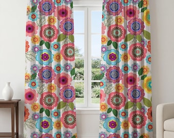 Colorful Floral Curtains – Boho Folk Art Window Panels, Retro Flower Drapes, Bright Maximalist Curtains for Living Room Bedroom Decor