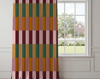 Blush Pink Burgundy Stripe Curtains – Retro Geometric Window Panels, Mid-Century Modern Drapes, Maximalist Living Room Bedroom Decor