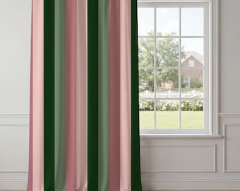 Forest Green Pink Stripe Curtains – Retro Vertical Window Panels, Modern Eclectic Drapes, Grandmillennial Living Room Bedroom Decor