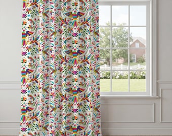 Colorful Bird Floral Curtains – Turquoise Magenta Folk Botanical Window Drapes, Boho Maximalist Decor for Living Room Bedroom