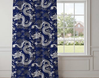Navy Blue Dragon Curtains – Asian-Inspired Cloud Drapes, Ornate Chinoiserie Statement Window Panels for Maximalist Living Room Decor