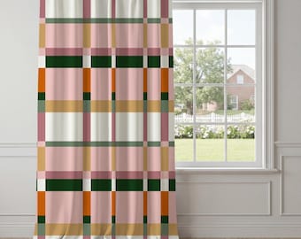 Blush Pink Green Plaid Curtains – Large-Scale Geometric Check Window Drapes, Mid-Century Modern Statement Decor for Living Room, Shower
