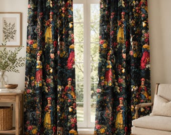 Dark Floral Portrait Curtain Panel – Frida Kahlo Botanical Art Window Drapery, Vintage Garden Curtain, Maximalist Home Decor for Living Room
