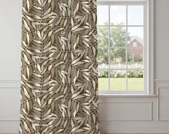 Warm Brown Ivory Leaf Print Curtains – Linear Botanical Drapes, Organic Modern Window Panel, Scandinavian Living Room and Bedroom Decor